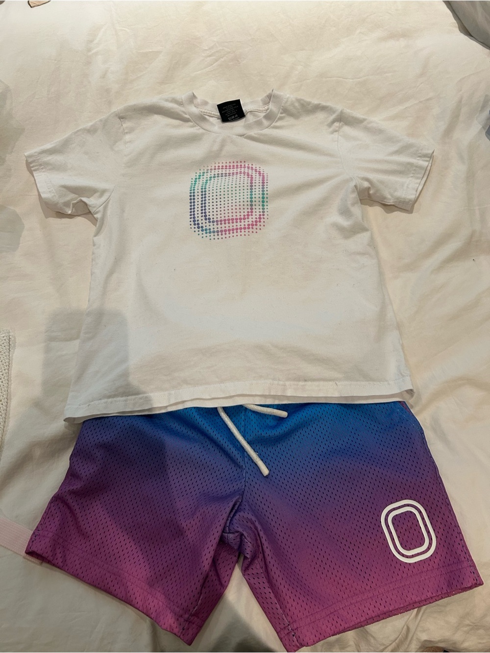 Overtime White Graphic Tee with Pastel Logo and matching Overtime shorts